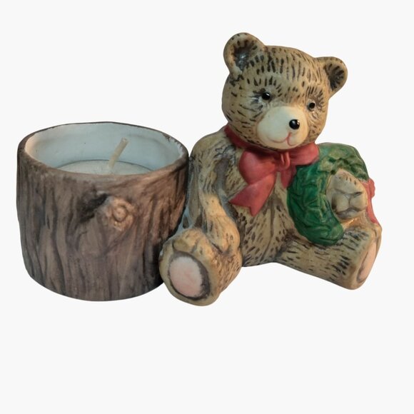 Teddy Bear Figurine Candle Holder Christmas Holiday Wreath - Picture 1 of 8